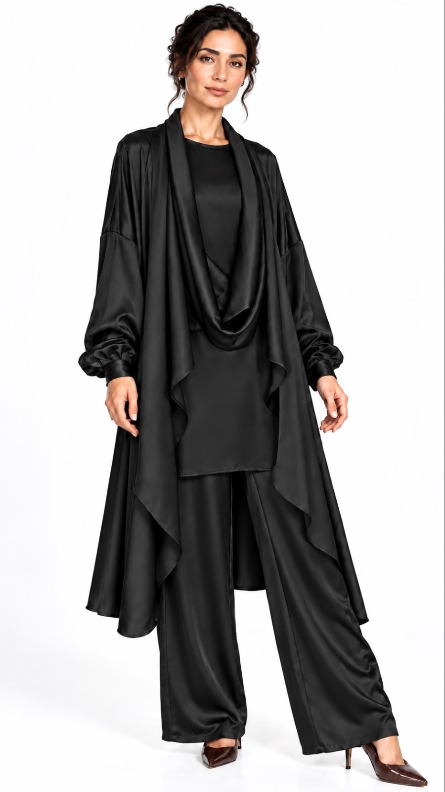 İncera Drape Detaylı 3'lü Saten Takım Siyah