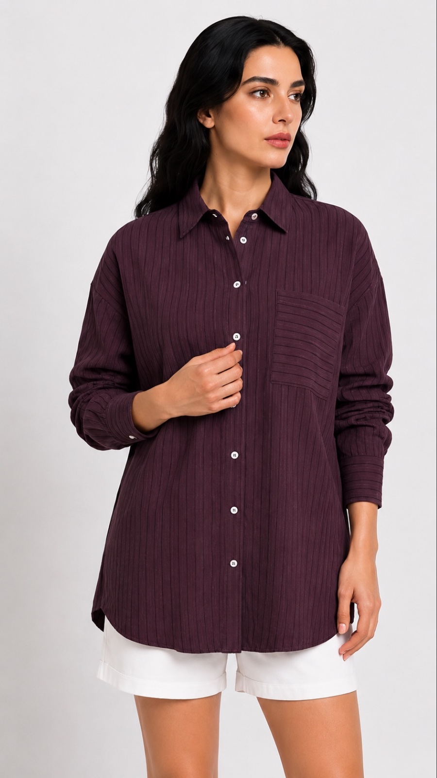 Çizgili Oversize Gömlek Mürdüm