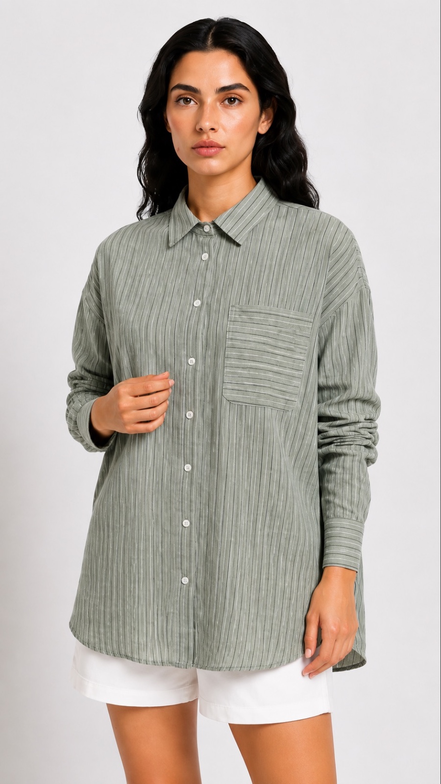 Çizgili Oversize Gömlek Çağla Yeşili