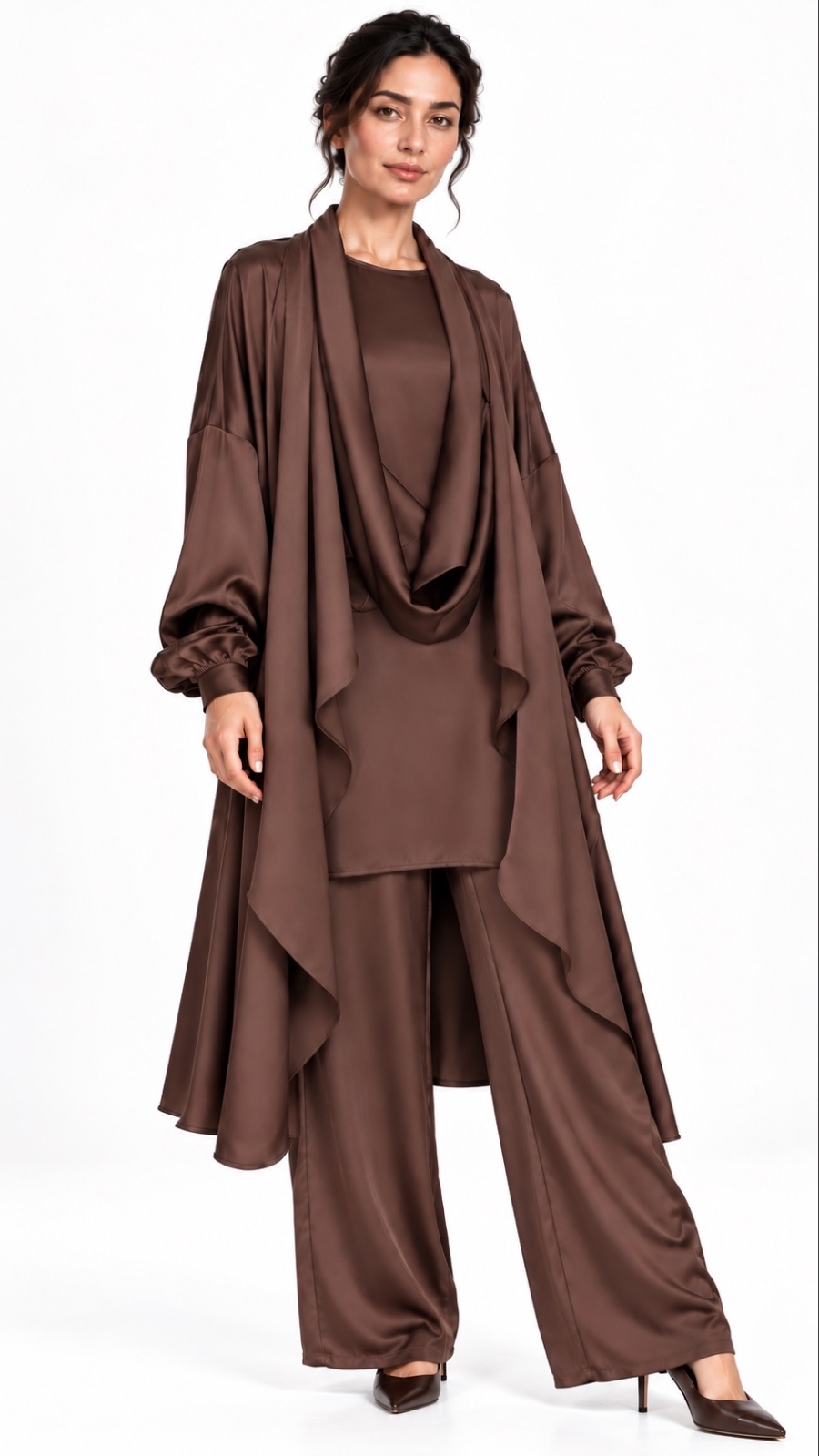 İncera Drape Detaylı 3'lü Saten Takım Kahverengi
