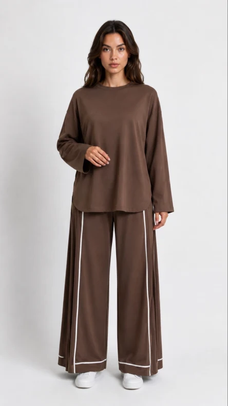 Oversize Şerit Detaylı Takım Kahverengi