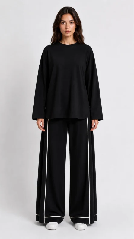 Oversize Şerit Detaylı Takım Siyah