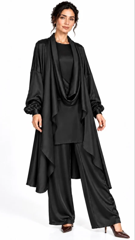 İncera Drape Detaylı 3'lü Saten Takım Siyah
