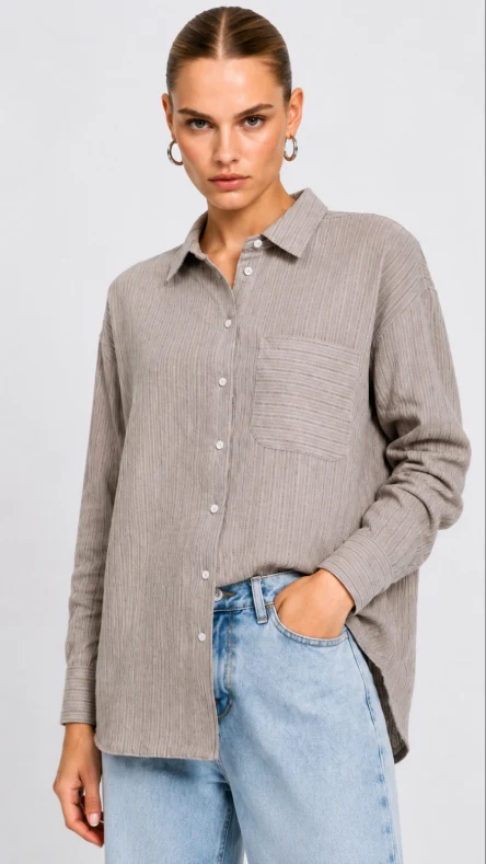 Çizgili Oversize Gömlek Vizon