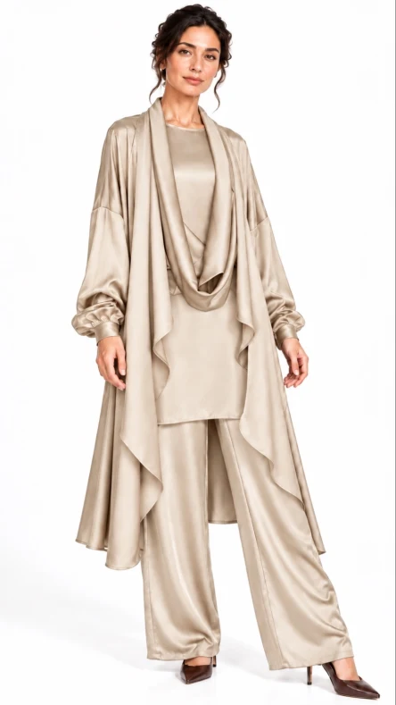 İncera Drape Detaylı 3'lü Saten Takım Kum Beji